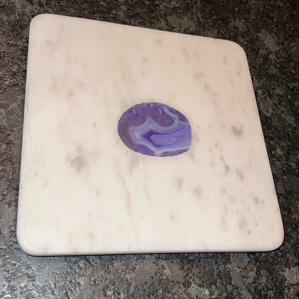 Jodhpuri 8” x 8” White Marble Tray Trivet with Plum Purple Agate - New